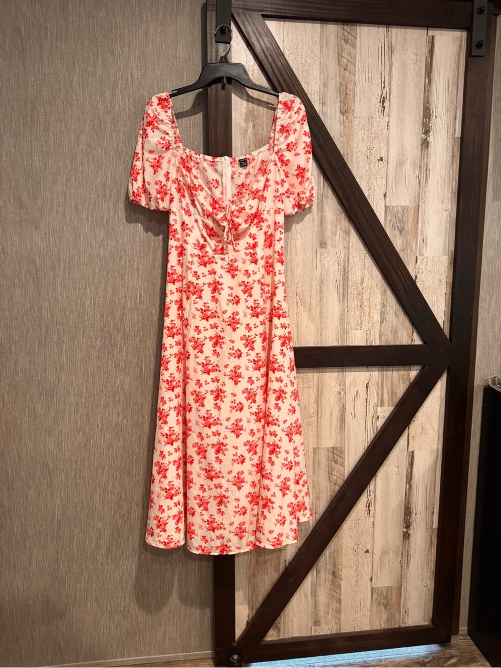 SHEIN Cream Floral Midi Dress with Red Print